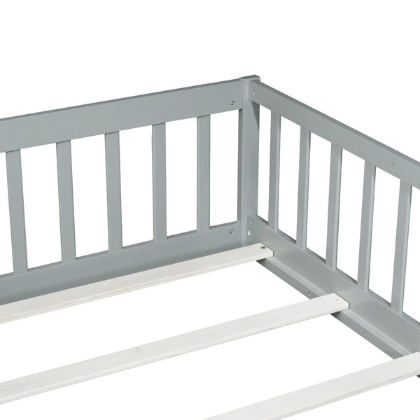 English Elm Twin Low Profile Rubberwood Floor Bed with Full Safety Fence for Toddler Rooms Grey W504P429267
