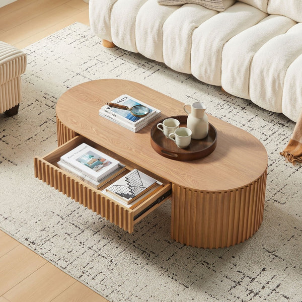 English Elm 51.18'' Oval Mdf Coffee Table with Hidden Drawer Mid-century Pedestal Base Oak W876P370282