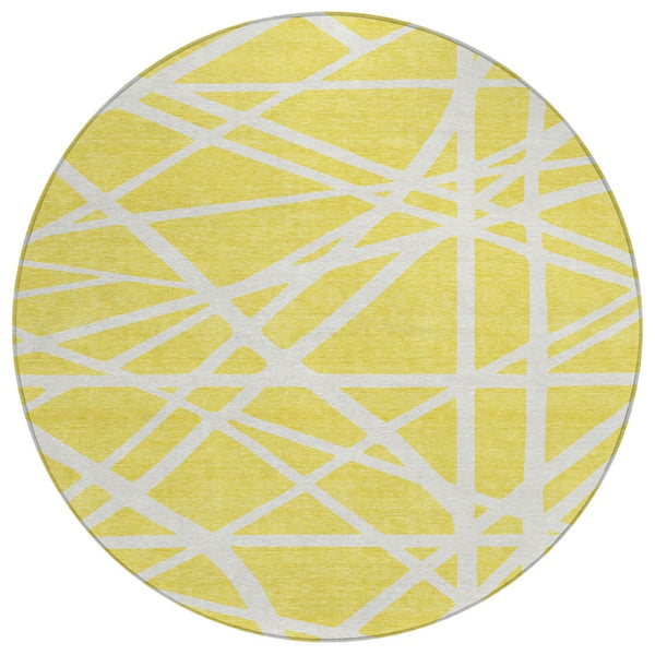 HomeRoots 5' Modern Geometric Yellow and Linen Area Rug – Durable, Washable, Indoor Outdoor Versatile Design 8' Round 600500
