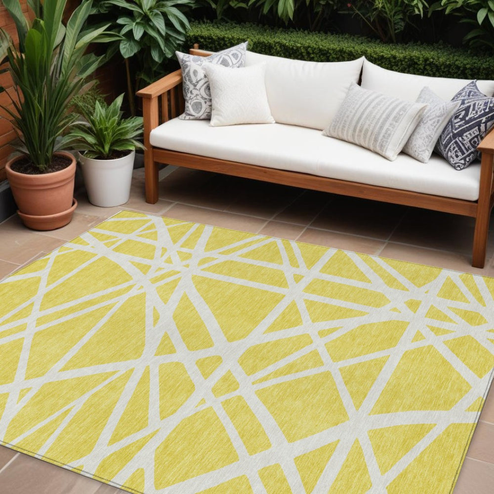 HomeRoots 5' Modern Geometric Yellow and Linen Area Rug – Durable, Washable, Indoor Outdoor Versatile Design 8' X 10' 600501