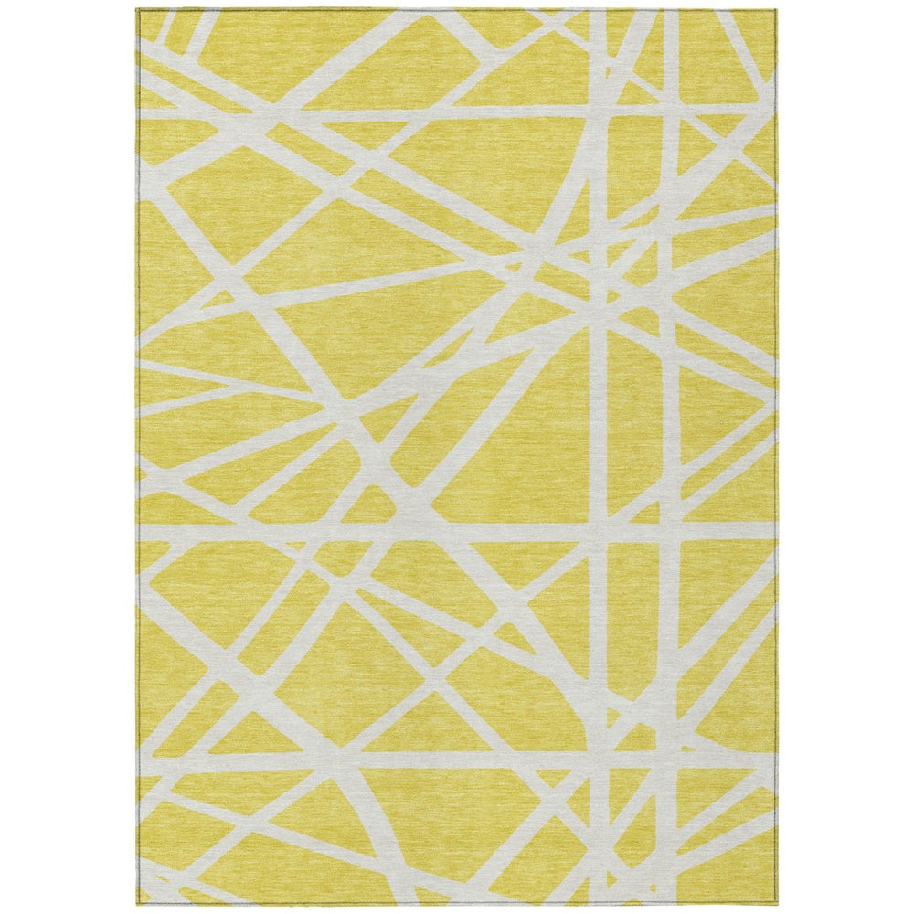 HomeRoots 5' Modern Geometric Yellow and Linen Area Rug – Durable, Washable, Indoor Outdoor Versatile Design 8' X 10' 600501