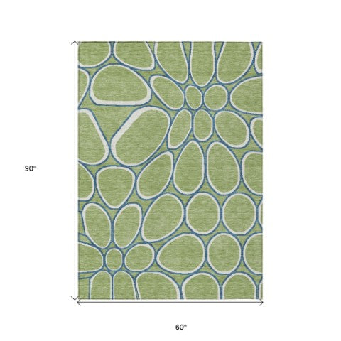 Homeroots 3' Artichoke Green And Ivory Abstract Washable Area Rug For Indoor And Outdoor Use, Durable Design 5' X 8' Polyester 600505
