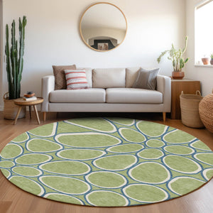Homeroots 3' Artichoke Green And Ivory Abstract Washable Area Rug For Indoor And Outdoor Use, Durable Design 8' Round Polyester 600506