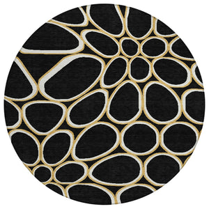HomeRoots 5' Contemporary Black Ivory Beige Abstract Area Rug - Durable, Washable for Indoor & Outdoor Use 8' Round 600518