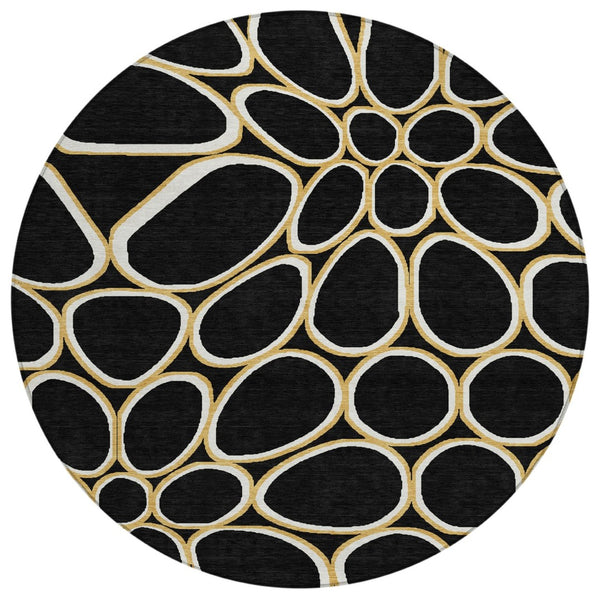 HomeRoots 5' Contemporary Black Ivory Beige Abstract Area Rug - Durable, Washable for Indoor & Outdoor Use 8' Round 600518