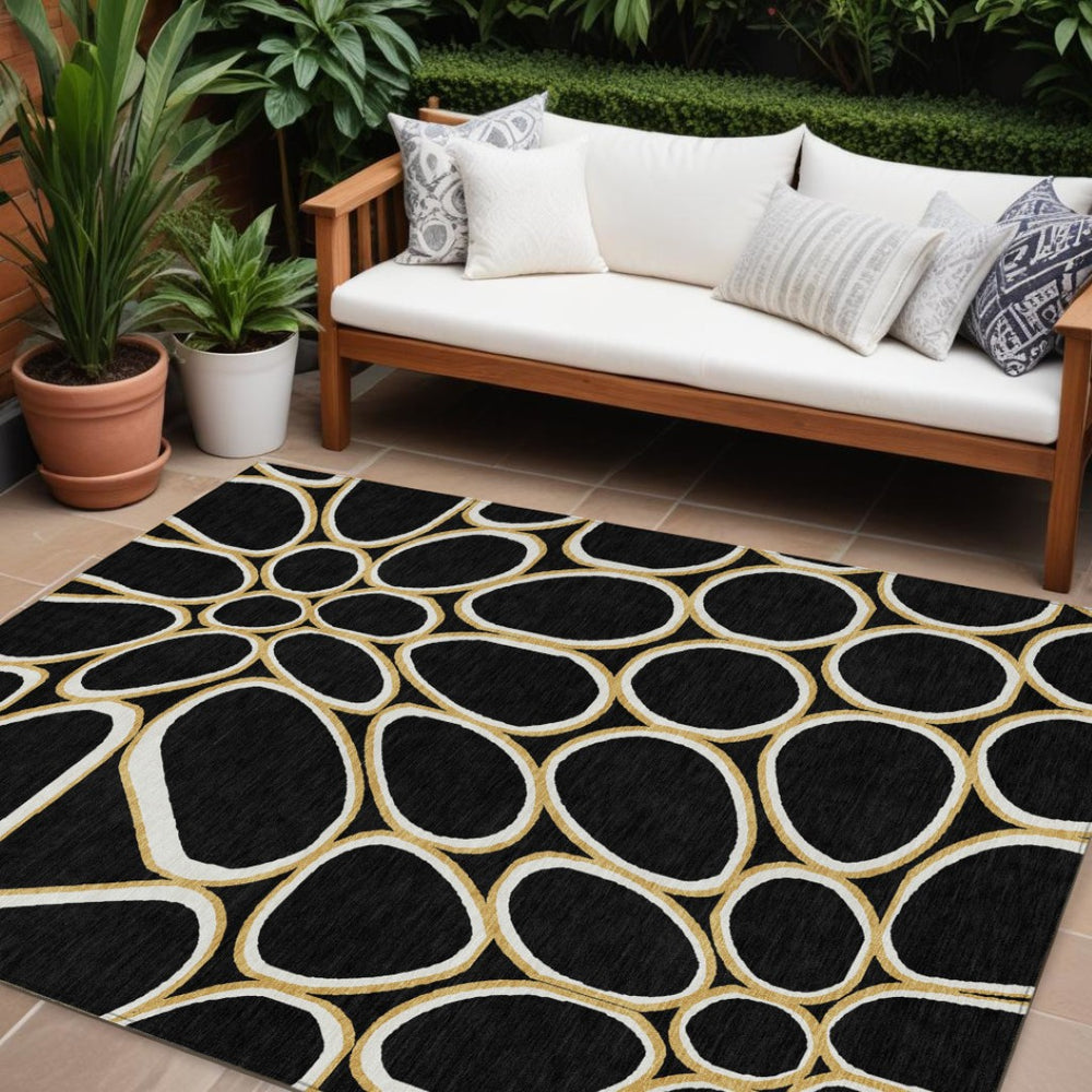HomeRoots 9' X 12' Modern Abstract Washable Area Rug in Black, Ivory & Beige for Indoor/Outdoor Use 600520