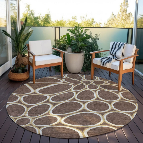 Homeroots 3' Artichoke Green And Ivory Abstract Washable Area Rug For Indoor And Outdoor Use, Durable Design 8' Round Polyester 600524