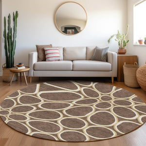 Homeroots 3' Artichoke Green And Ivory Abstract Washable Area Rug For Indoor And Outdoor Use, Durable Design 8' Round Polyester 600524