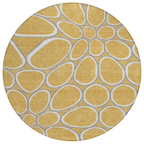 HomeRoots 5' Abstract Gold Gray Ivory Washable Area Rug - Durable Indoor Outdoor Design for Modern Spaces 8' Round 600530