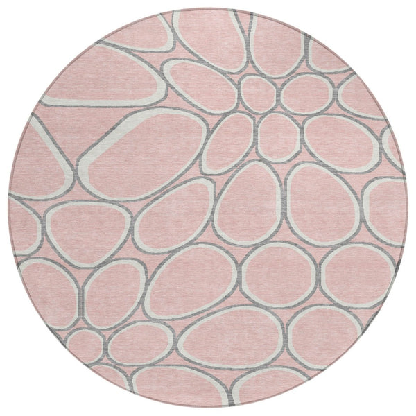 HomeRoots 5' Pink Gray Ivory Abstract Area Rug – Durable Washable Design for Indoor & Outdoor Spaces 8' Round 600554