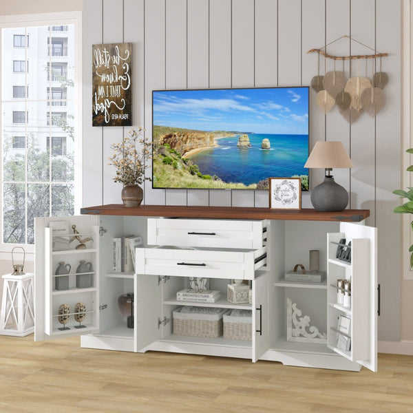 English Elm 63" Fluted Mdf Sideboard with Wood Tone Top Four Doors Three Drawers Dining Storage White W2917S00013