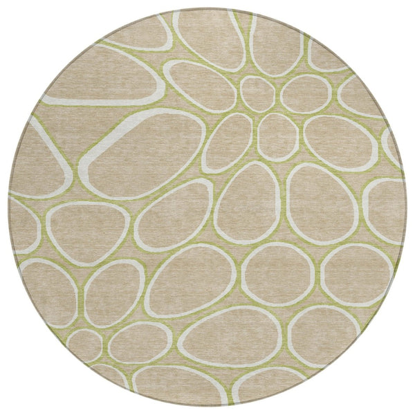 HomeRoots 5' Modern Abstract Tan Ivory Green Area Rug - Washable, Durable for Indoor Outdoor Use, Versatile Design 8' Round 600566