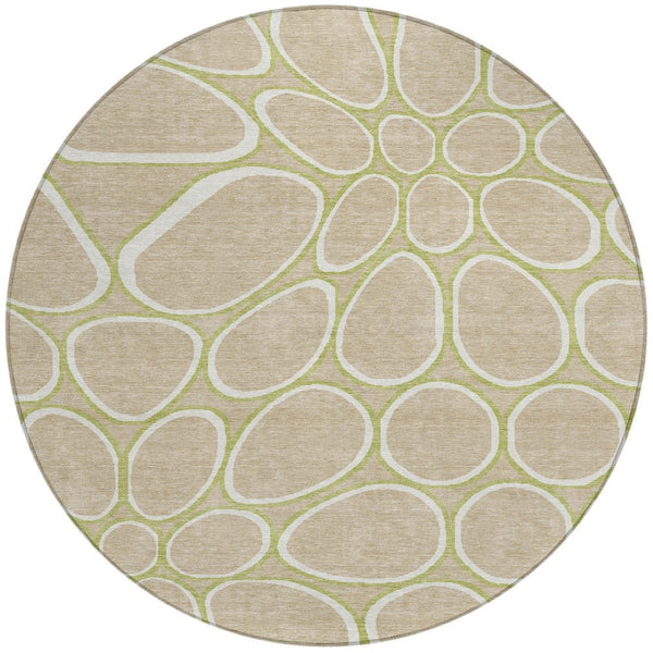 Homeroots 3' Artichoke Green And Ivory Abstract Washable Area Rug For Indoor And Outdoor Use, Durable Design 8' Round Polyester 600566