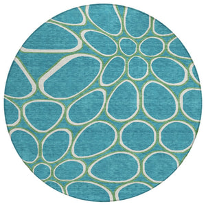 HomeRoots 5' Contemporary Teal Blue Ivory Green Abstract Washable Area Rug for Indoor & Outdoor Spaces 8' Round 600572