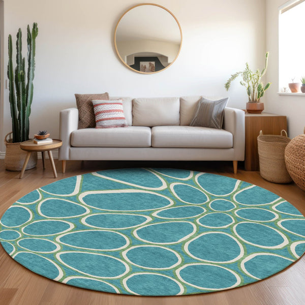 Homeroots 3' Artichoke Green And Ivory Abstract Washable Area Rug For Indoor And Outdoor Use, Durable Design 8' Round Polyester 600572