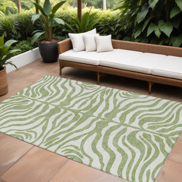 Homeroots 3' Artichoke Green And Ivory Animal Print Washable Area Rug For Indoor Or Outdoor Use, Durable Style 8' X 10' Polyester 600579