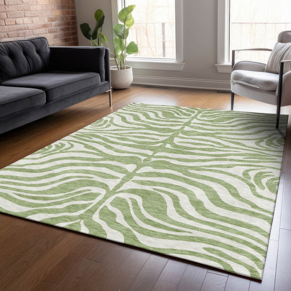 Homeroots 3' Artichoke Green And Ivory Animal Print Washable Area Rug For Indoor Or Outdoor Use, Durable Style 10' X 14' Polyester 600581