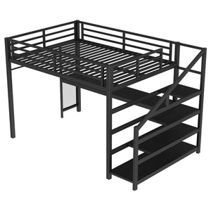 English Elm Twin Xl Metal Loft Bed with Stair Storage Shelves Sturdy Steel Frame for Dorms W1580S00434