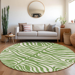 Homeroots 3' Artichoke Green And Ivory Animal Print Washable Area Rug For Indoor Or Outdoor Use, Durable Style 8' Round Polyester 600608