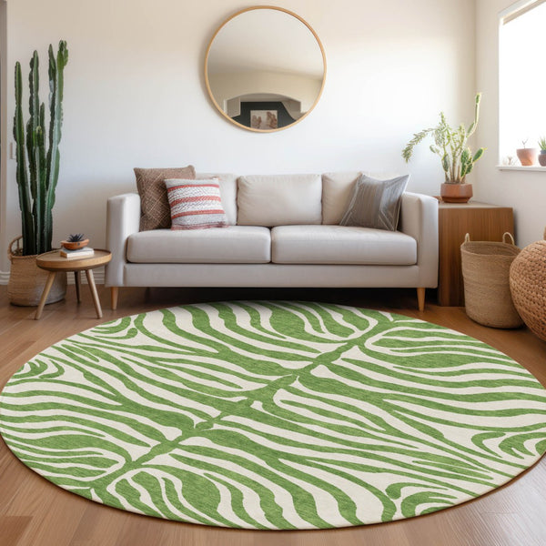 Homeroots 3' Artichoke Green And Ivory Animal Print Washable Area Rug For Indoor Or Outdoor Use, Durable Style 8' Round Polyester 600608