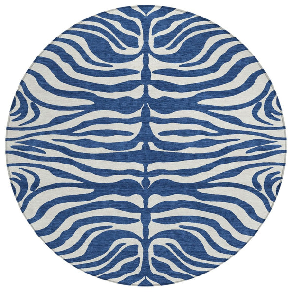 HomeRoots 5' Navy Blue and Ivory Animal Print Area Rug - Stylish, Durable, Washable for Indoor and Outdoor Use 8' Round 600632