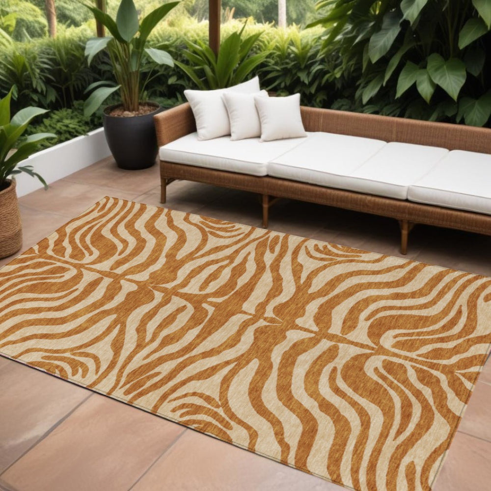 HomeRoots 9' X 12' Stylish Copper and Tan Animal Print Rug – Durable, Washable, Perfect for Indoor & Outdoor Use 600646