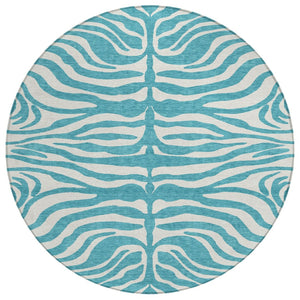 HomeRoots 5' Teal Blue & Ivory Animal Print Area Rug - Stylish, Washable, Indoor/Outdoor, Durable & Versatile 8' Round 600662