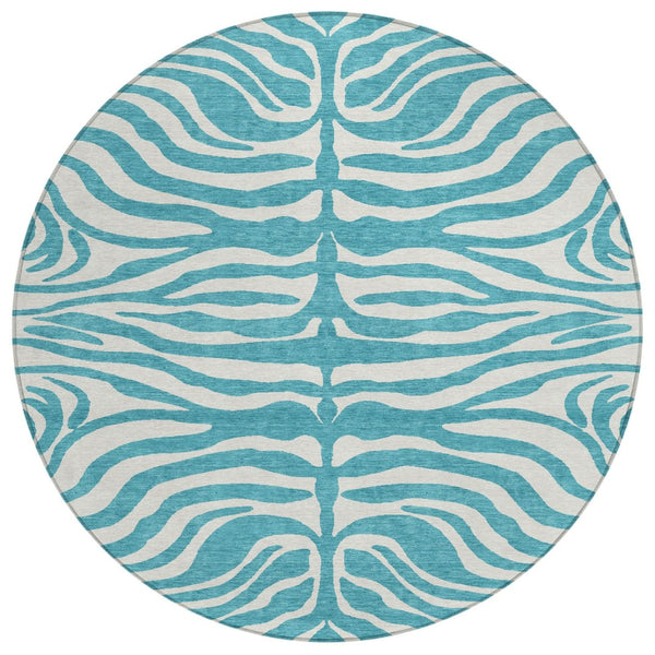 HomeRoots 5' Teal Blue & Ivory Animal Print Area Rug - Stylish, Washable, Indoor/Outdoor, Durable & Versatile 8' Round 600662