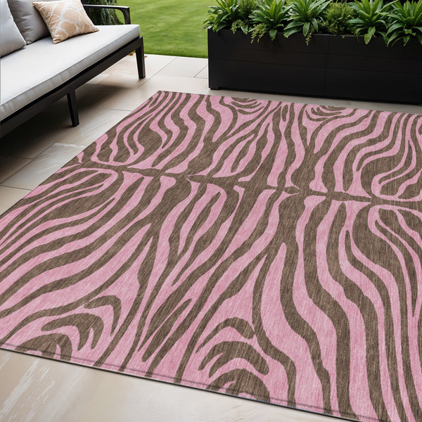Homeroots 3' Animal Print Indoor Outdoor Area Rug - Stylish Brown And Pink Design, Washable & Durable Comfort 5' X 8' Polyester 600667