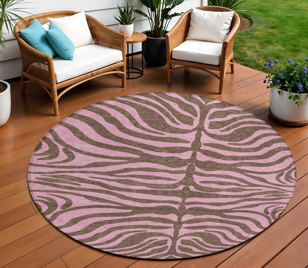 Homeroots 3' Animal Print Indoor Outdoor Area Rug - Stylish Brown And Pink Design, Washable & Durable Comfort 8' Round Polyester 600668