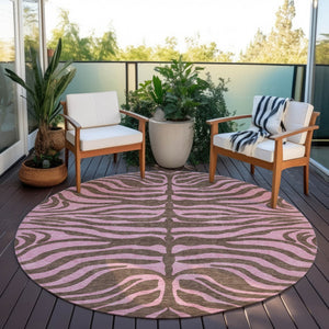 Homeroots 3' Animal Print Indoor Outdoor Area Rug - Stylish Brown And Pink Design, Washable & Durable Comfort 8' Round Polyester 600668