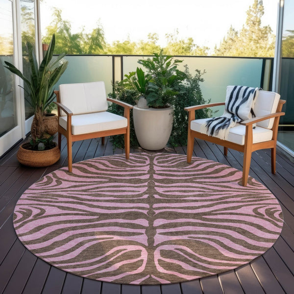 Homeroots 3' Animal Print Indoor Outdoor Area Rug - Stylish Brown And Pink Design, Washable & Durable Comfort 8' Round Polyester 600668