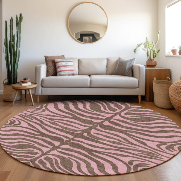 Homeroots 3' Animal Print Indoor Outdoor Area Rug - Stylish Brown And Pink Design, Washable & Durable Comfort 8' Round Polyester 600668