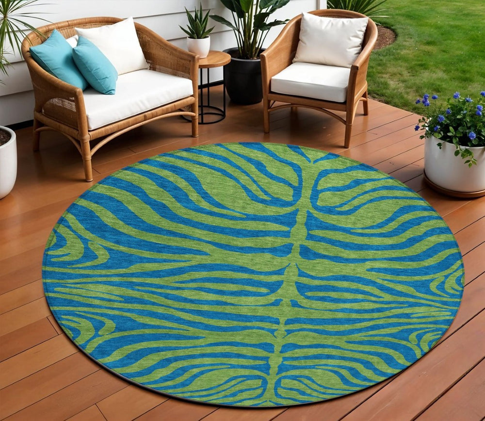 HomeRoots 5' Vibrant Green and Teal Blue Animal Print Area Rug - Washable, Stylish, Indoor/Outdoor Decor 8' Round 600674