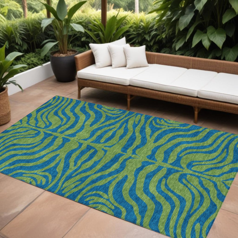 HomeRoots 9' X 12' Vibrant Green and Teal Animal Print Area Rug - Washable, Durable, Indoor/Outdoor Decor 600676