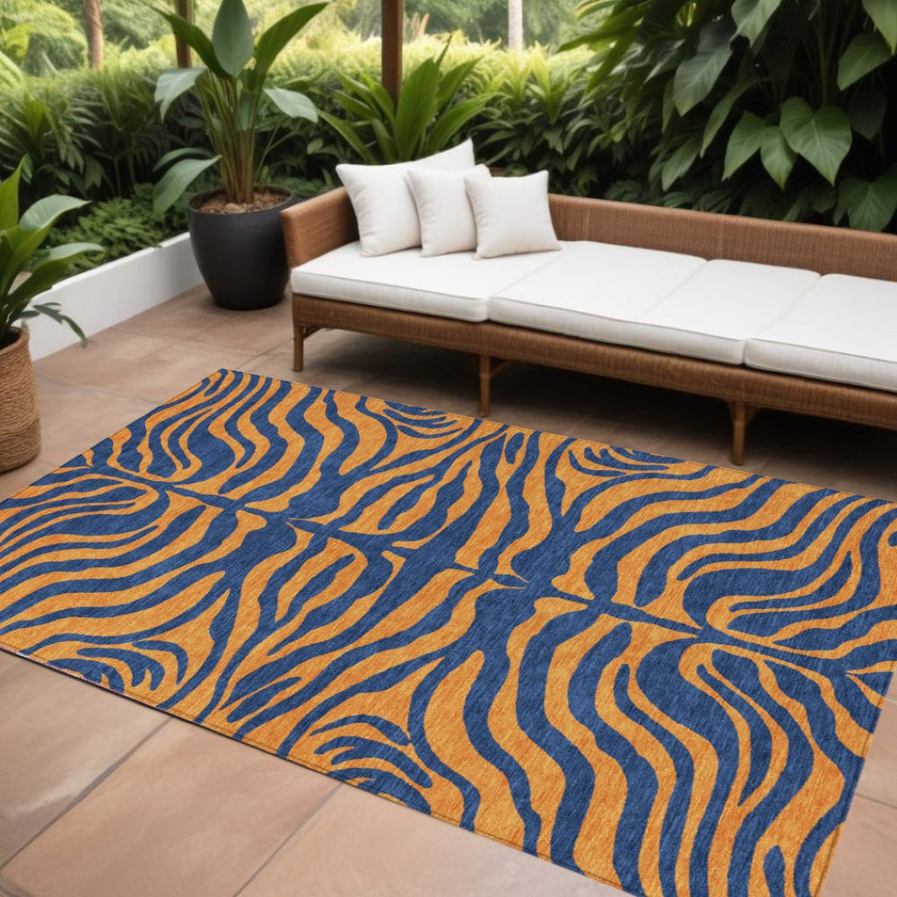 HomeRoots 9' X 12' Navy Blue and Pink Animal Print Washable Rug – Durable, Stylish for Indoor & Outdoor Use! 600682