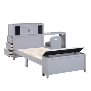 English Elm Gray Twin Platform Bed with Bookcase Headboard Hidden Desk Stool and Footboard Bench Gray B011S02323