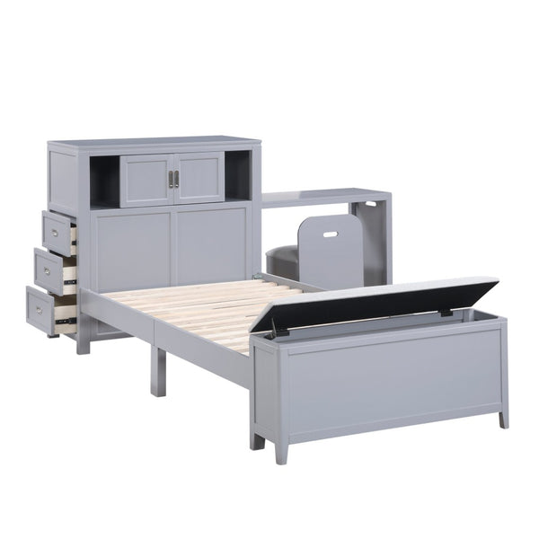 English Elm Gray Twin Platform Bed with Bookcase Headboard Hidden Desk Stool and Footboard Bench Gray B011S02323