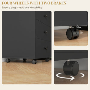 English Elm HOMCOM Mobile 3-Drawer Office Storage Cabinet with Removable Top Tray, Locking Wheels, Space-Saving Design Black W2225P217758