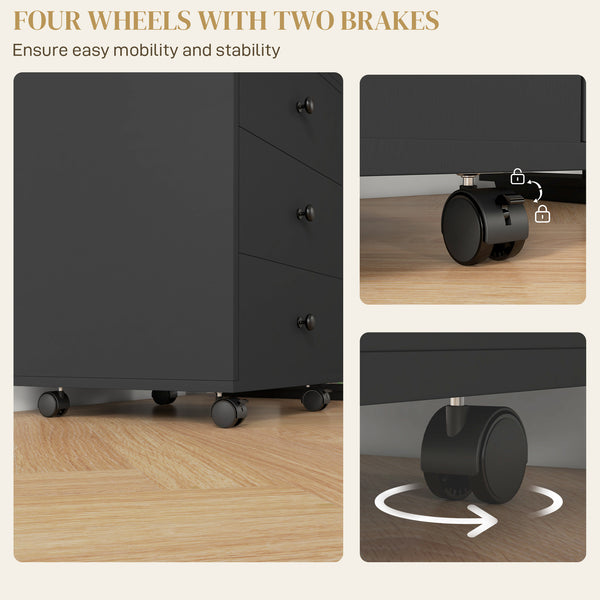 English Elm HOMCOM Mobile 3-Drawer Office Storage Cabinet with Removable Top Tray, Locking Wheels, Space-Saving Design Black W2225P217758