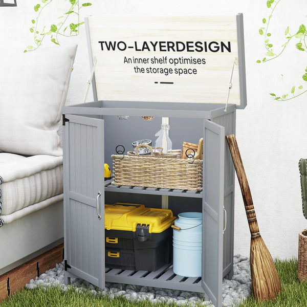 English Elm Wooden Garden Potting Bench with Fir Construction Steel Top and Weatherproof Tool Cabinet T3971P423122