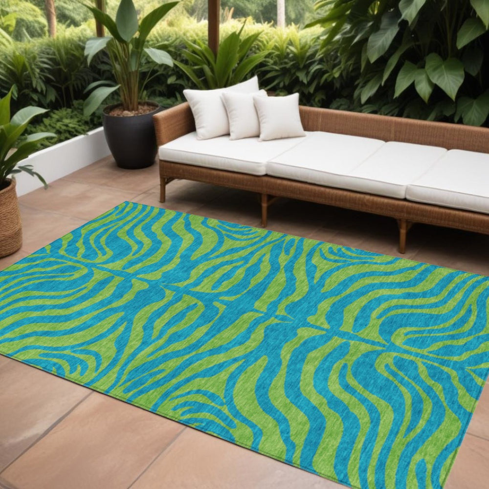 HomeRoots 9' X 12' Vibrant Teal Blue & Green Animal Print Rug - Stylish, Washable, Durable for Indoor/Outdoor Use! 600712