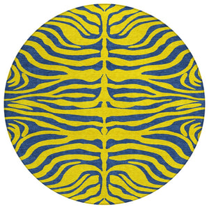 HomeRoots 5' Playful Yellow and Blue Animal Print Washable Area Rug for Indoor and Outdoor Spaces 8' Round 600716