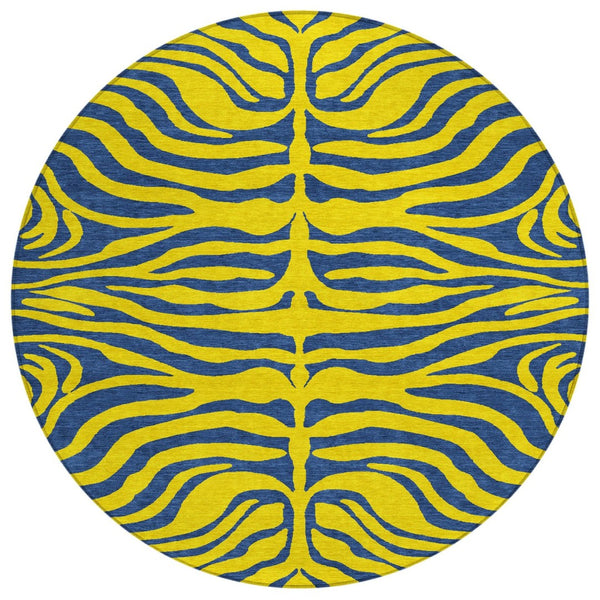 HomeRoots 5' Playful Yellow and Blue Animal Print Washable Area Rug for Indoor and Outdoor Spaces 8' Round 600716