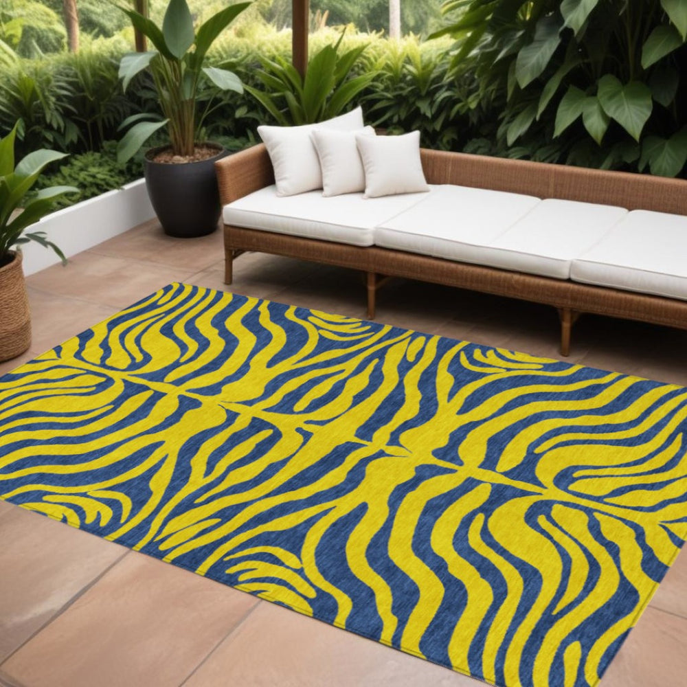 HomeRoots 9' X 12' Vibrant Yellow and Blue Animal Print Washable Area Rug for Indoor and Outdoor Style 600718