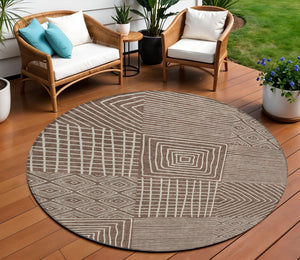Homeroots 3' Beige And Ivory Geometric Washable Area Rug – Durable Indoor Outdoor Comfort For Any Space 8' Round Polyester 600728