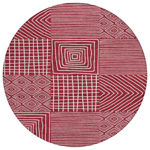 HomeRoots 5' Red and Ivory Geometric Area Rug - Machine Washable, Stylish, Durable for Indoor & Outdoor Use 8' Round 600740