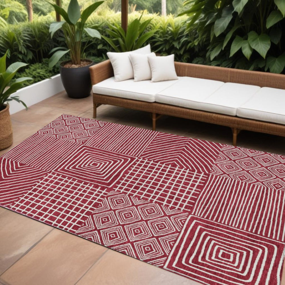 HomeRoots 9' X 12' Red and Ivory Geometric Area Rug – Stylish, Washable, Indoor/Outdoor, Kid & Pet Friendly! 600742