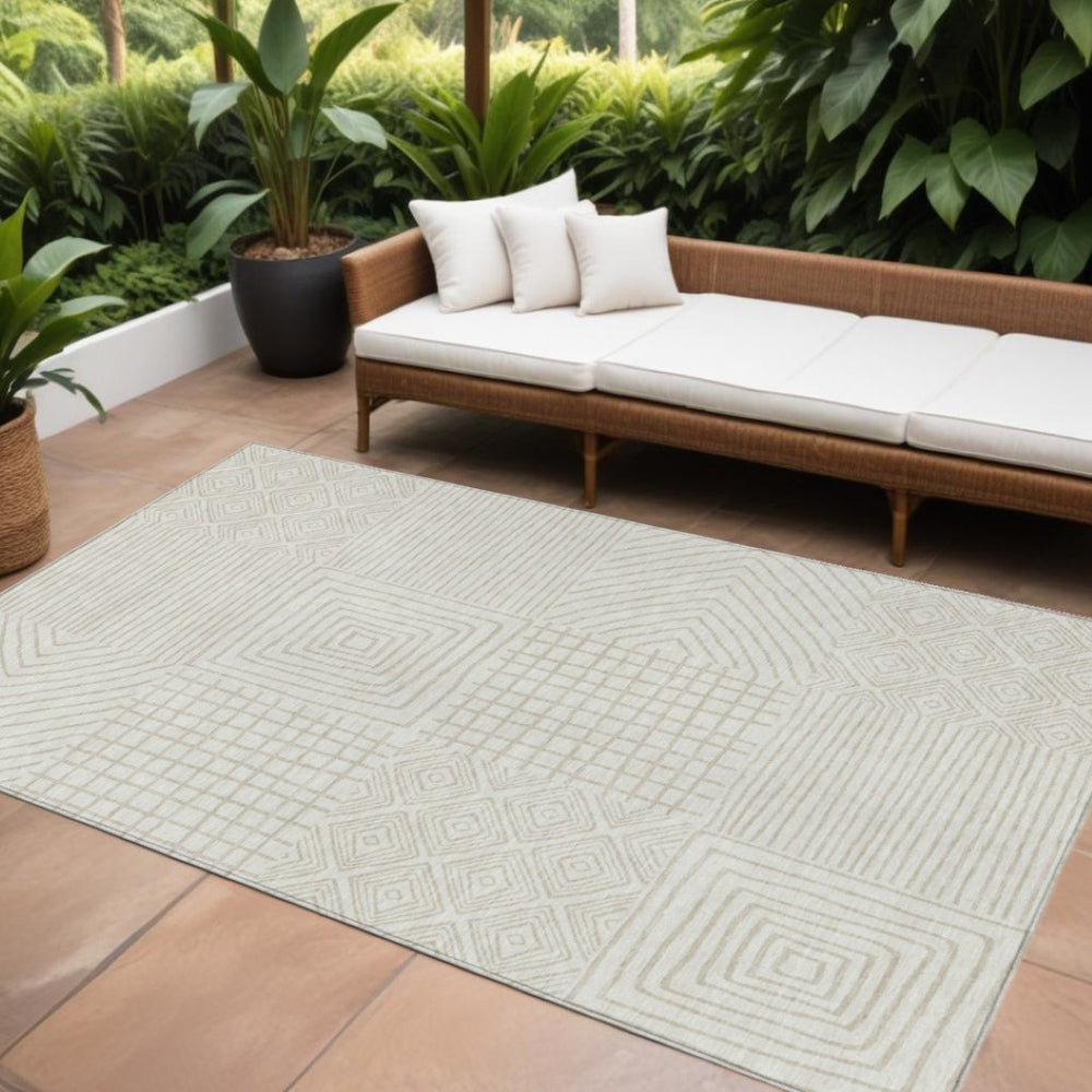 HomeRoots 9' X 12' Ivory and Beige Geometric Area Rug – Durable, Washable, Stylish for Indoor and Outdoor Spaces 600748