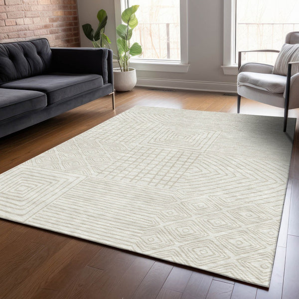 Homeroots 3' Beige And Ivory Geometric Washable Area Rug – Durable Indoor Outdoor Comfort For Any Space 10' X 14' Polyester 600749